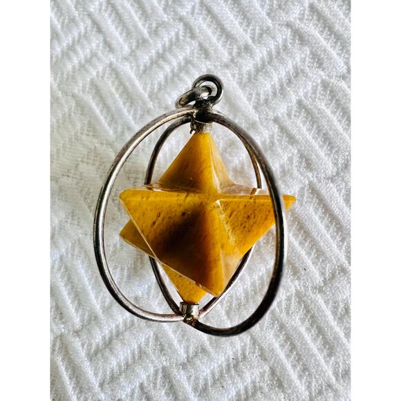 Vintage Sterling Yellow Jasper Merkabah Pendant Sacred Geometry Spin Orb Boho - Picture 6 of 8